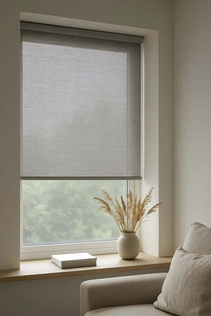 Lys grå innvendig screen i stuevindu – moderne solskjerming med lyskontroll i Bergen
