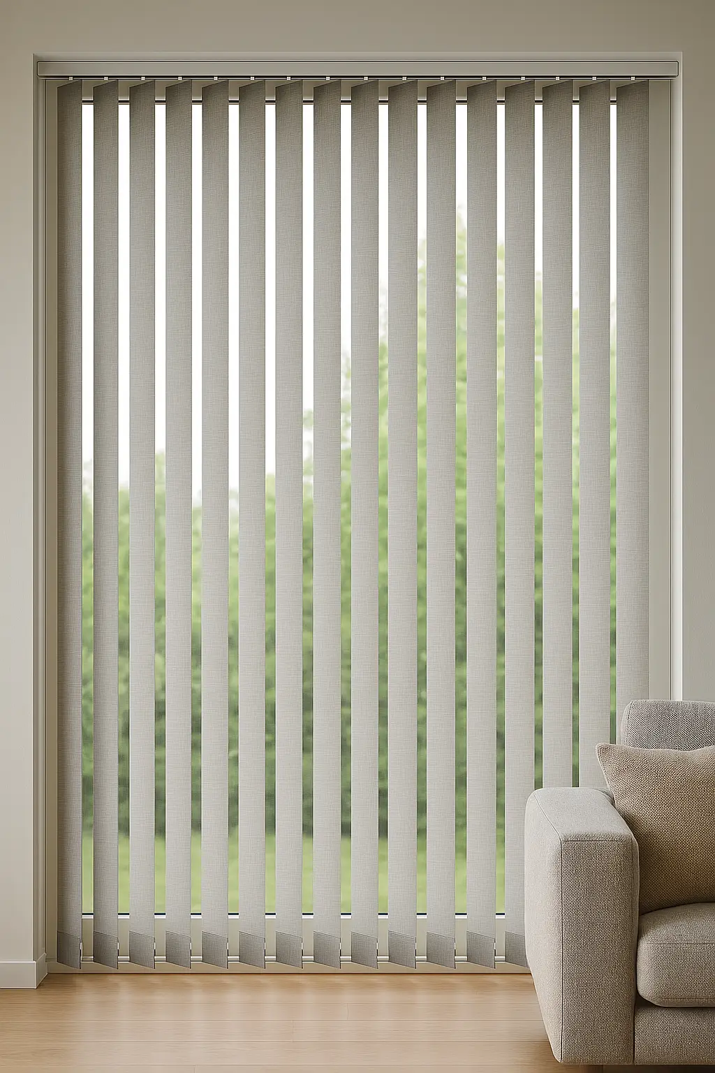 Moderne lamellgardiner i stue med store vinduer – stilrent og funksjonelt solskjermingsprodukt.