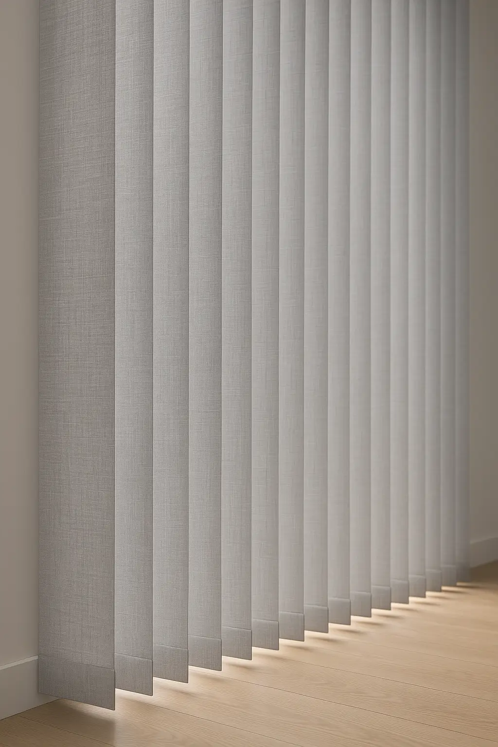 Klassiske grå lamellgardiner i moderne interiør.