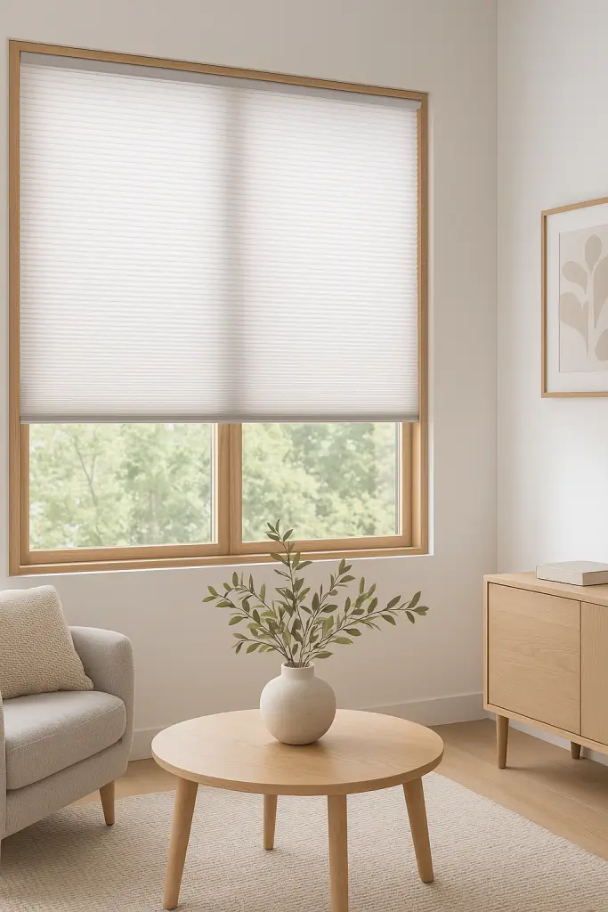 Plisségardin med lyskontroll i stue – moderne og stilren solskjerming