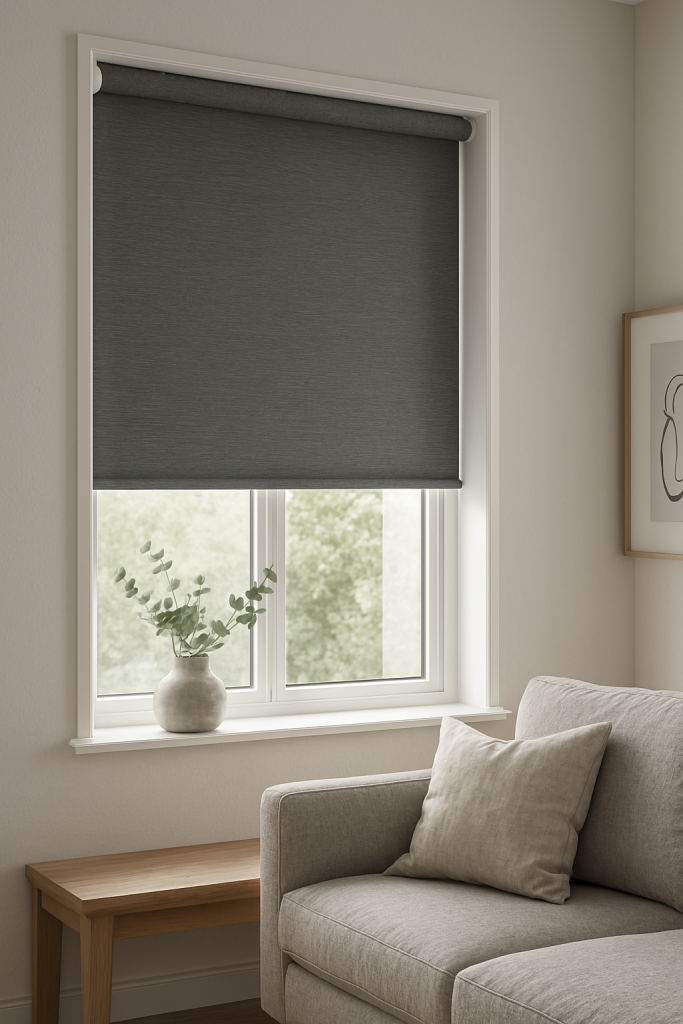 Grå rullegardin i stue med moderne interiør og effektiv solskjerming.