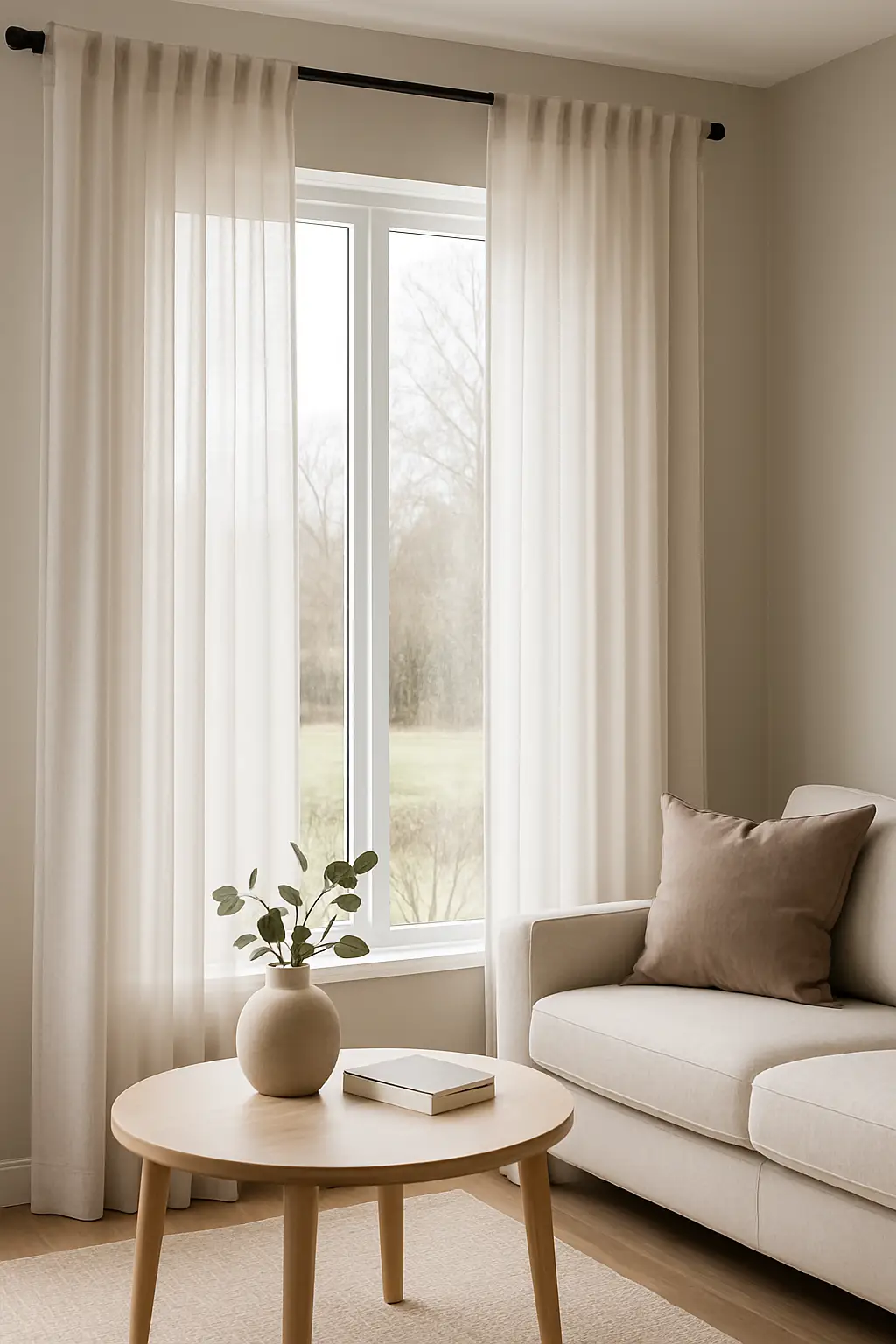 Lyse gardiner i stue – dekorativ solskjerming med mykt uttrykk