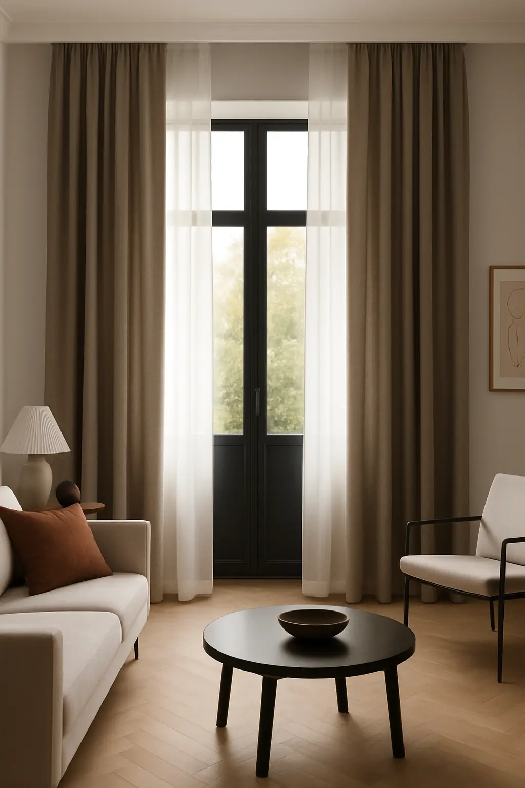 Gardiner i moderne stue med store vindusflater – stilfull solskjerming og innsynsbeskyttelse