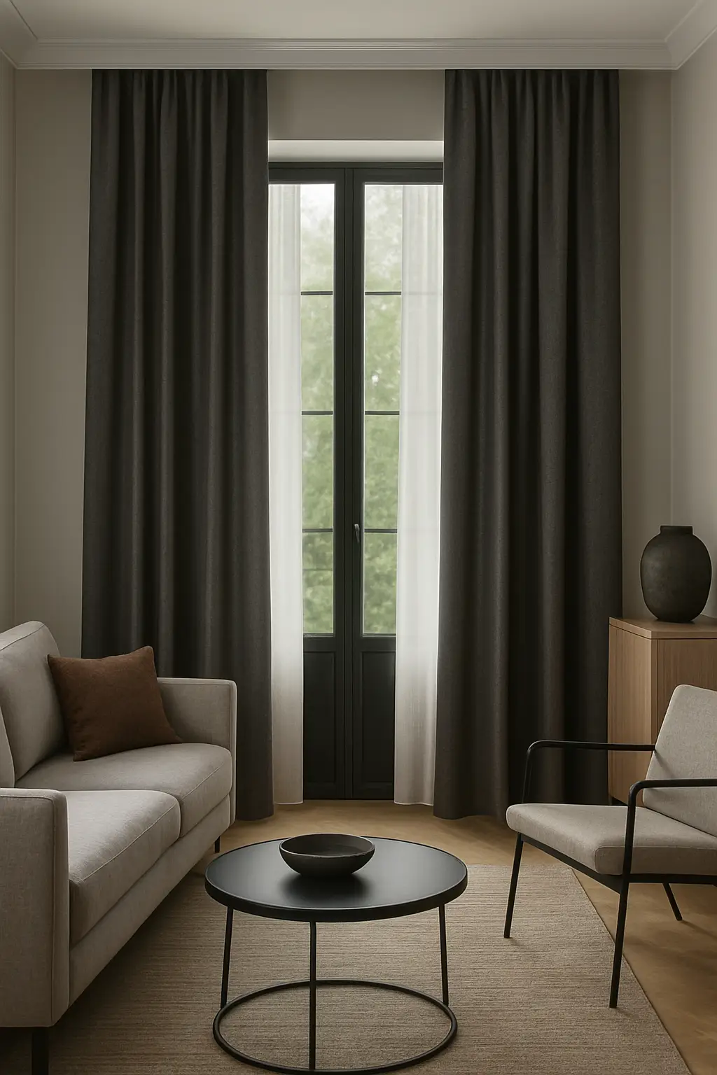 Mørke gardiner i stue med moderne interiør og effektiv solskjerming