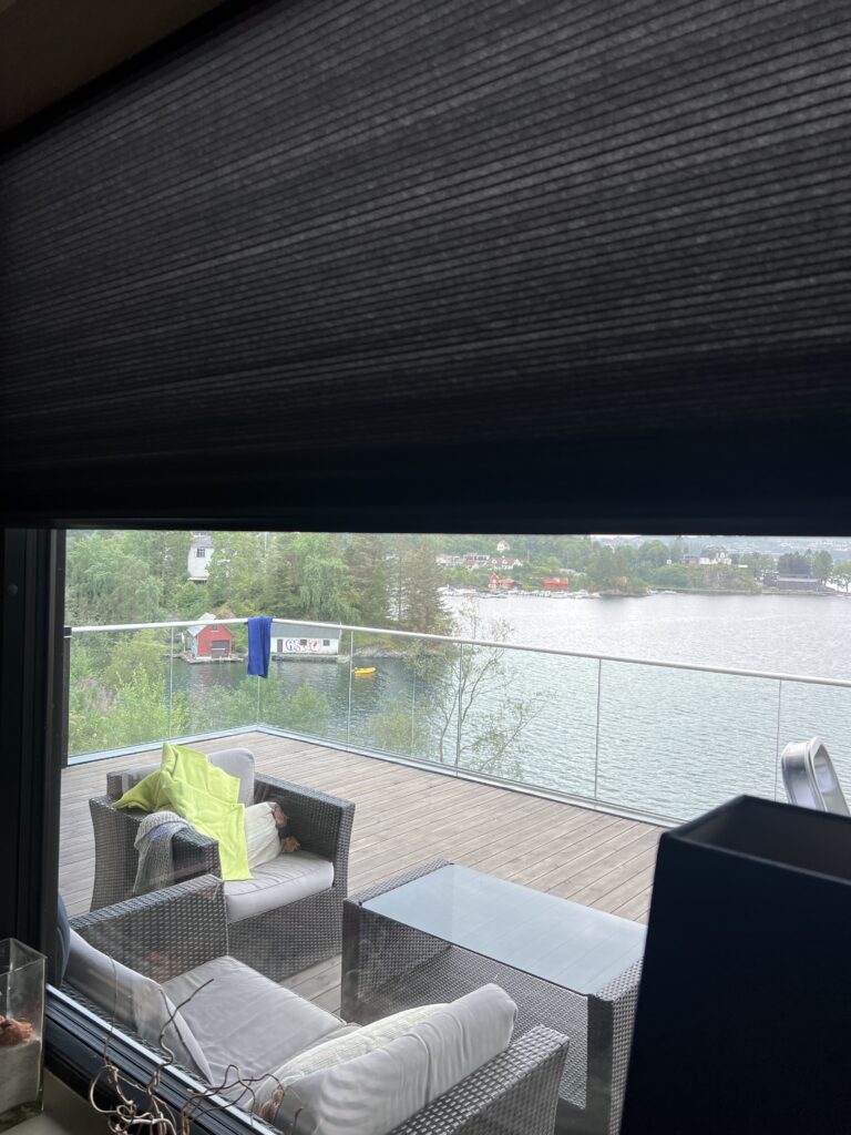 Mørk plissegardin delvis senket foran et stuevindu