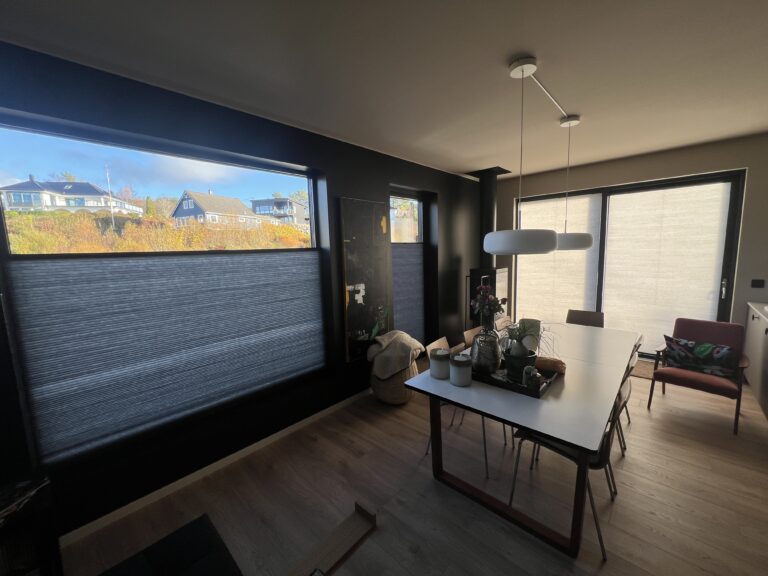 plissegardiner montert i moderne stue med store vinduer