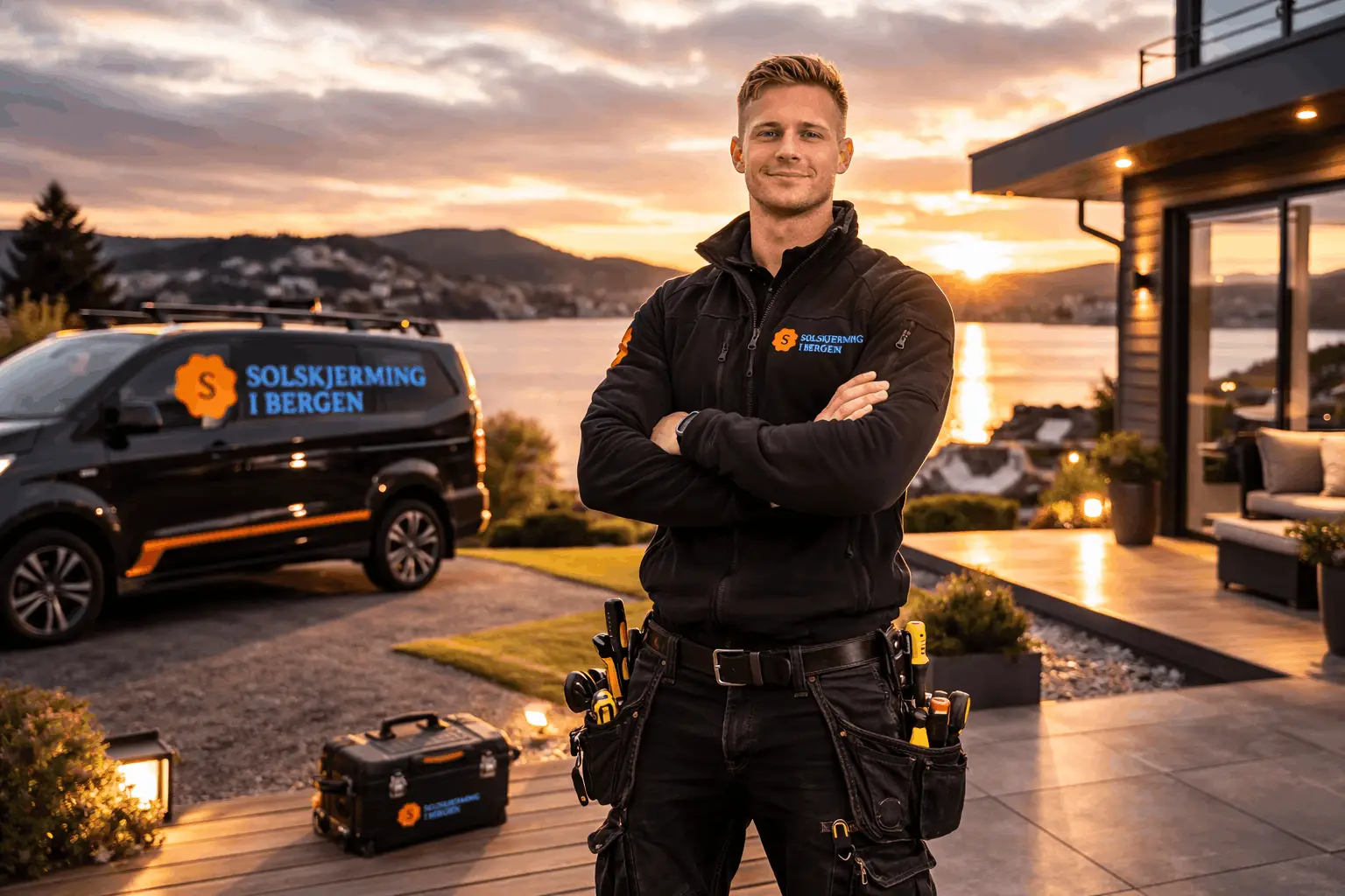 Montør fra Solskjerming i Bergen i arbeidstøy foran moderne bolig i Bergen ved solnedgang