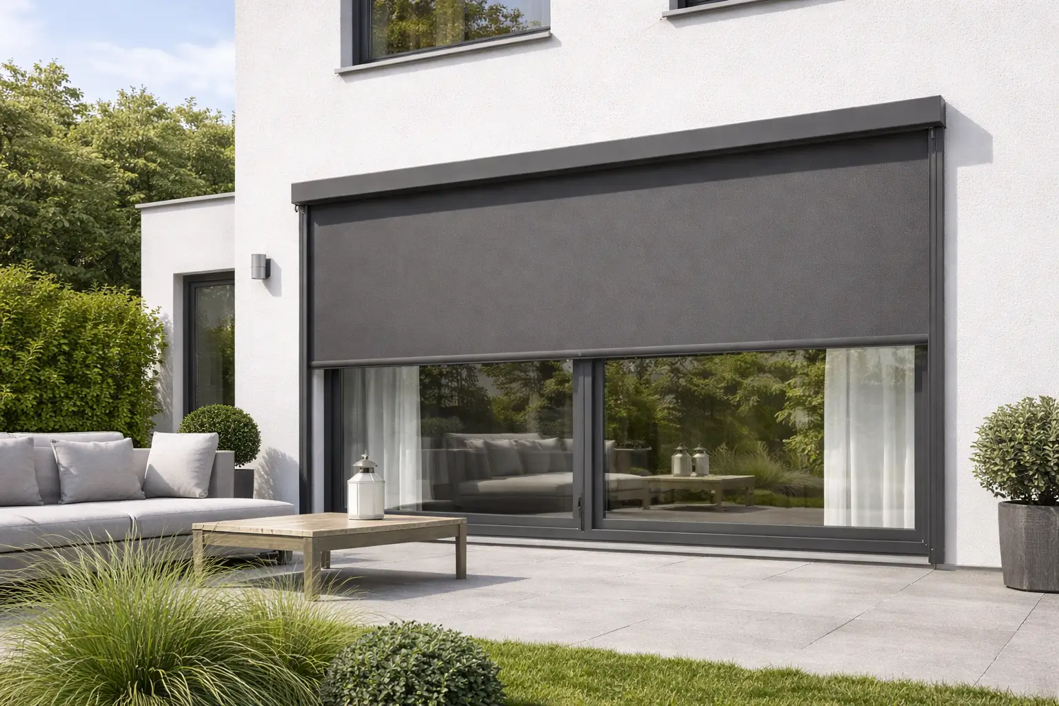Utvendig zip screen montert på moderne bolig som skjermer for sol og varme