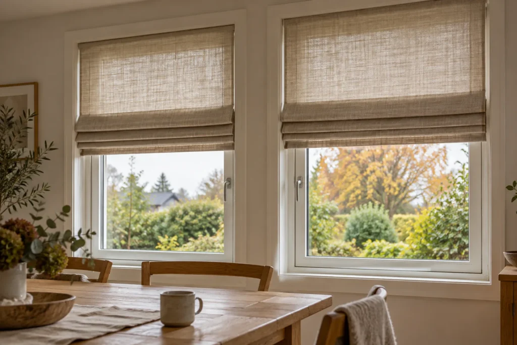 To beige liftgardiner med brede folder foran vinduer ved en spiseplass