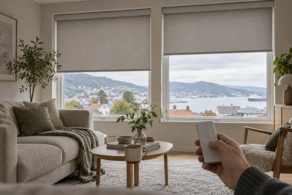 Hånd med fjernkontroll foran motoriserte rullegardiner i en stue i Bergen