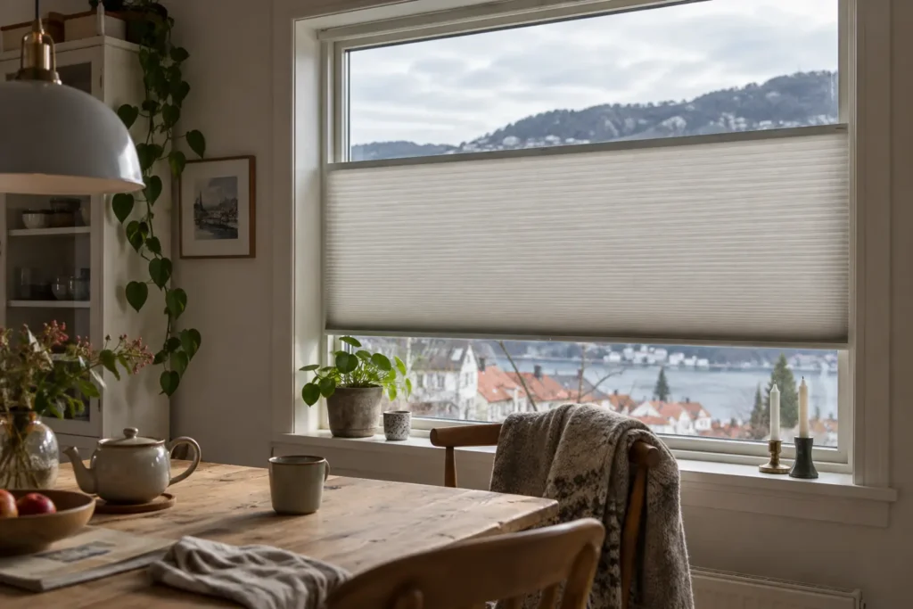 Dobbel plissegardin ved et stort vindu i en lun spiseplass i Bergen