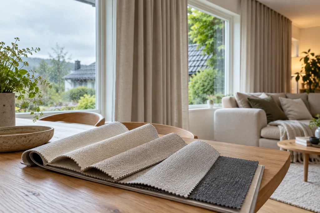 Tekstilprøver i beige og grått på et trebord ved gardiner i dagslys